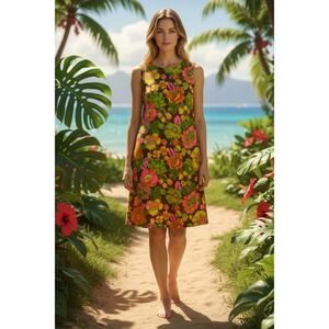 Vintage Sears 60s 70s Floral Shift Dress Brown Pink Orange Mod Cotton Medium